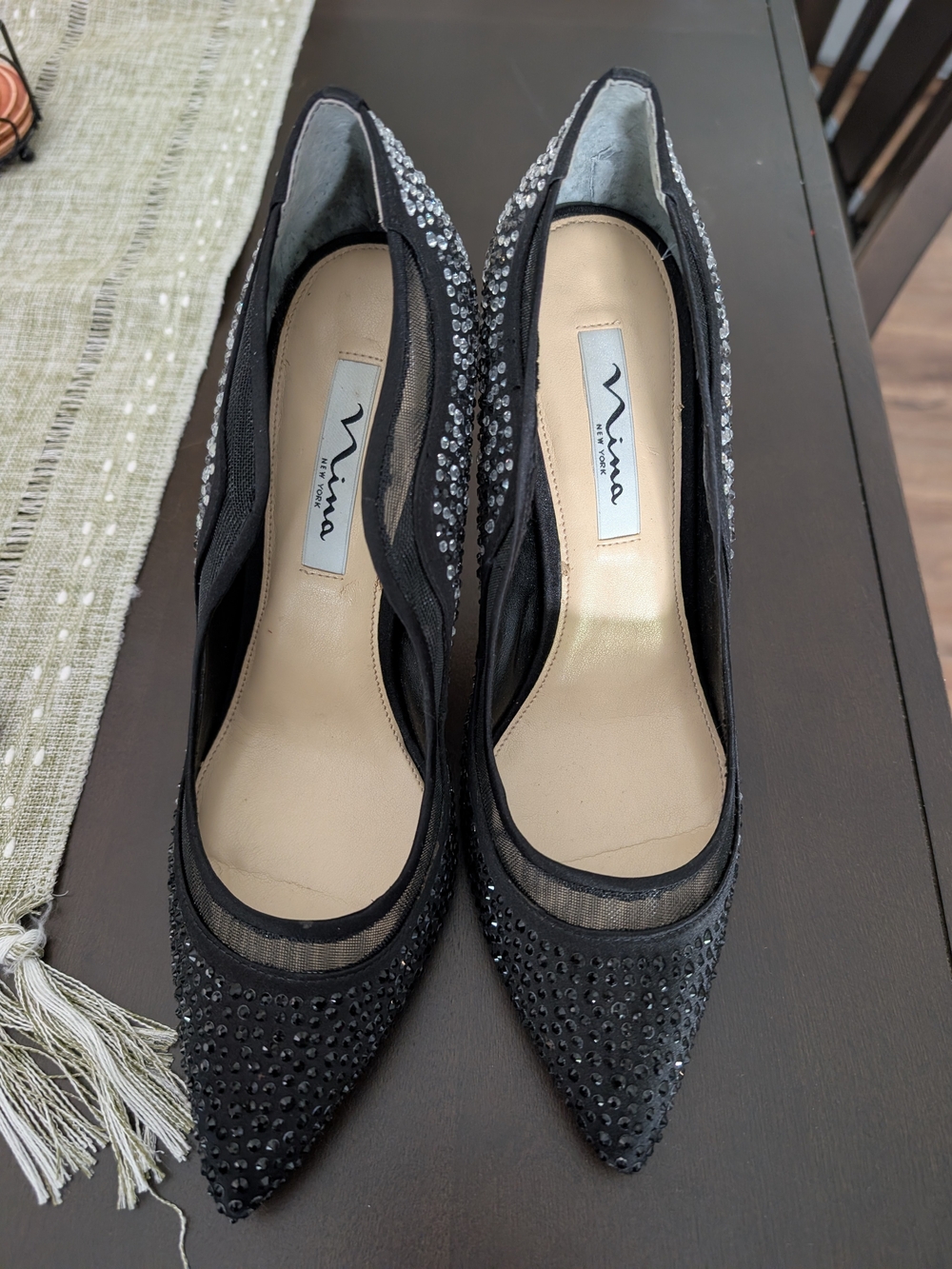 Nina Black Crystal-Studded Pointed Toe Pumps